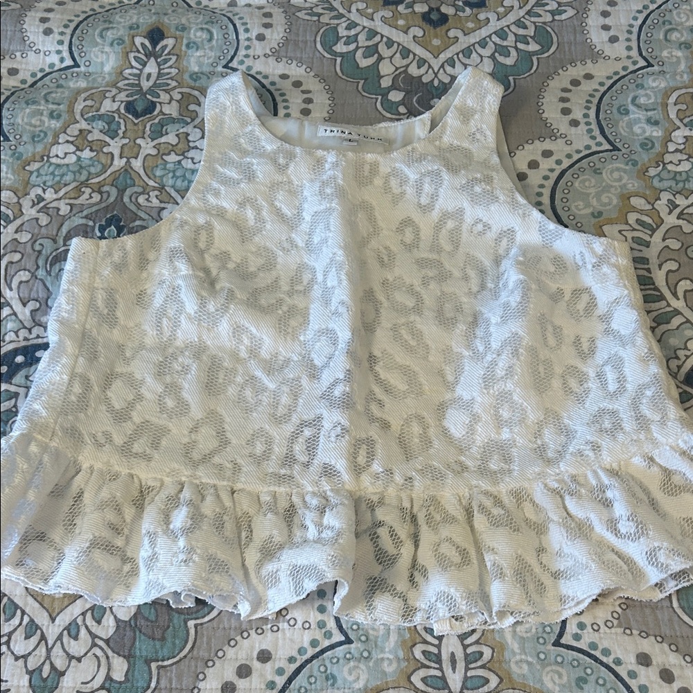 Trina Turk White Lace Cheetah Print Peplum Sleeveless Blouse